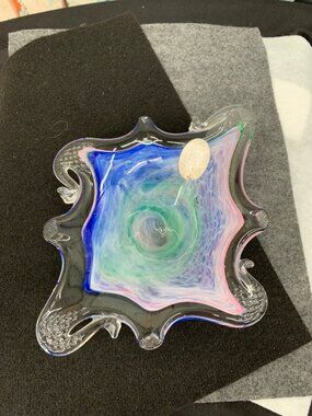 Murano Hand-Blown Art Glass Bowl With Multicolor Swirl Design & Sculpted Edges